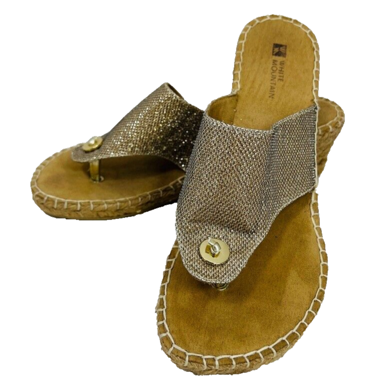White Mountain Beachball Sandals 8.5M Gold Sparkle Wedge Espadrille Flip Flop