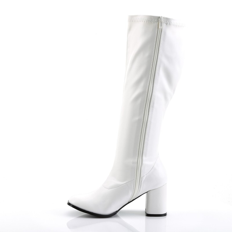 WIDE CALF Block Heel Retro Gogo White Matte Costume Knee Boots GOGO300WC/W/PU