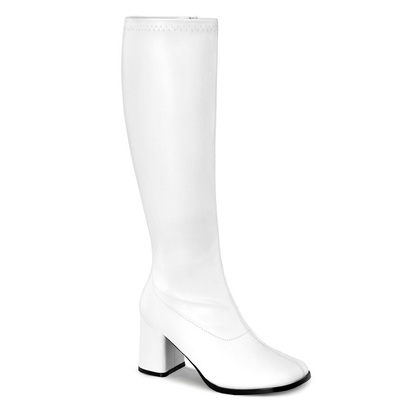WIDE CALF Block Heel Retro Gogo White Matte Costume Knee Boots GOGO300WC/W/PU