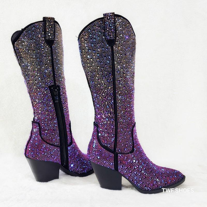 Wild Ones Glamour Cowboy Purple Multi Ombre Rhinestone Cowgirl Boots