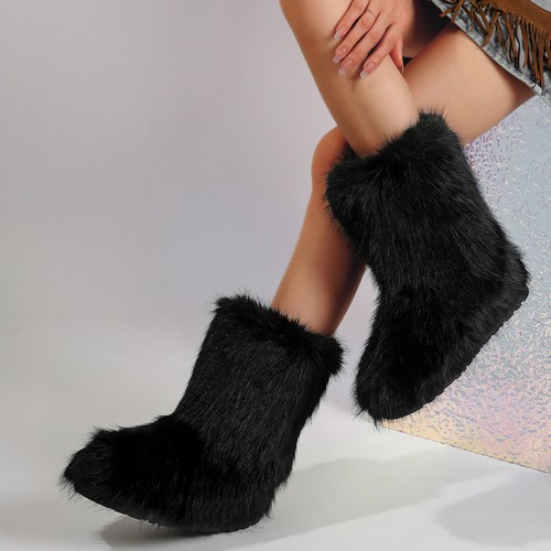 Winter Women Faux Fur Boots Fuzzy Fluffy Furry Round Toe Warm Shoes Snow Boots
