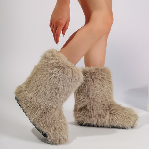 Winter Women Faux Fur Boots Fuzzy Fluffy Furry Round Toe Warm Shoes Snow Boots