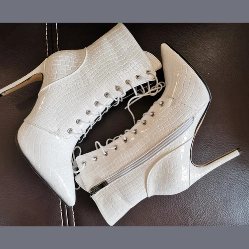 Women Ankle Boots Pointed Toe High Heels Lace Up Sexy Short Boot Large Size 46
