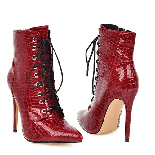 Women Ankle Boots Pointed Toe High Heels Lace Up Sexy Short Boot Large Size 46