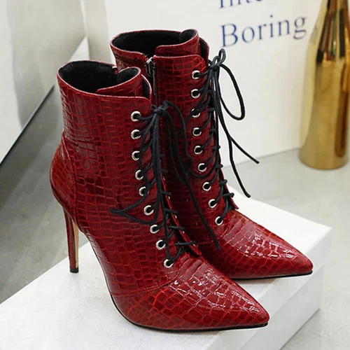Women Ankle Boots Pointed Toe High Heels Lace Up Sexy Short Boot Large Size 46