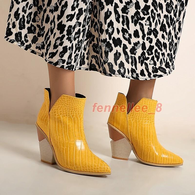 Women Ankle Cowboy Boots Western Chunky Heels Pointy Toe Stage T Show Shoes D