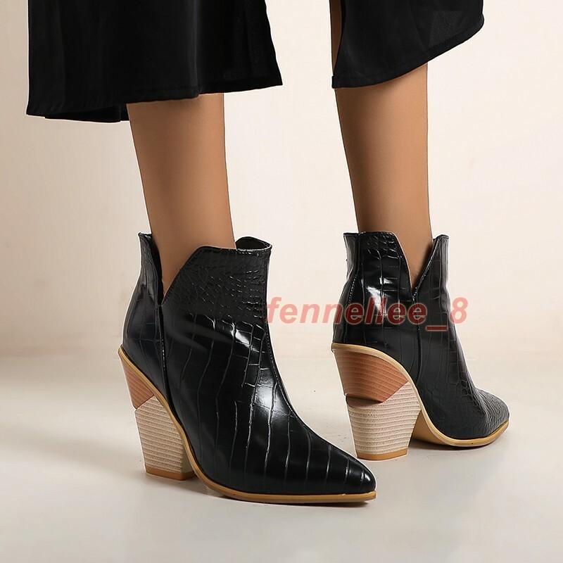 Women Ankle Cowboy Boots Western Chunky Heels Pointy Toe Stage T Show Shoes D