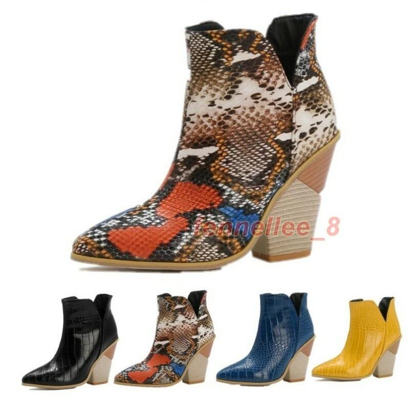 Women Ankle Cowboy Boots Western Chunky Heels Pointy Toe Stage T Show Shoes D