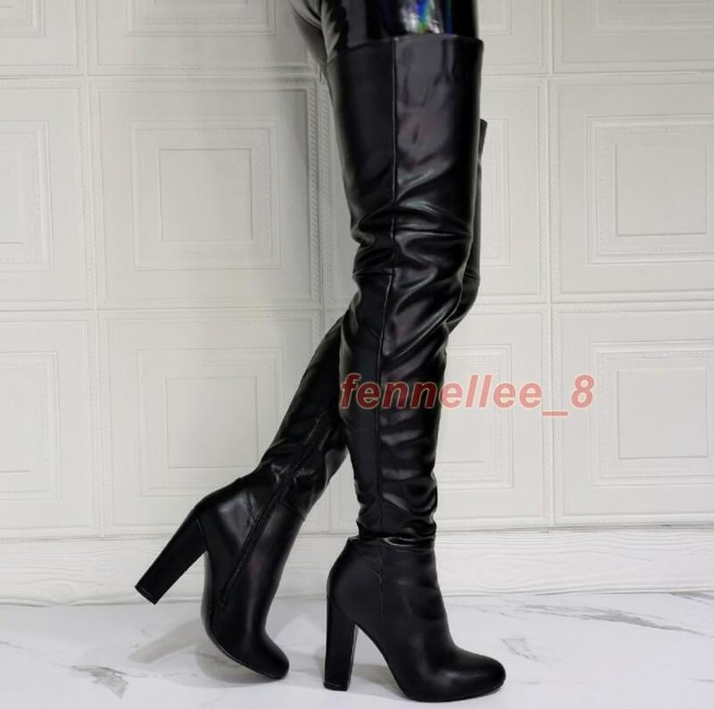 Women Fashion Round Toe Side Zipper Over Knee Boots Pumps High Heels Party Shoes