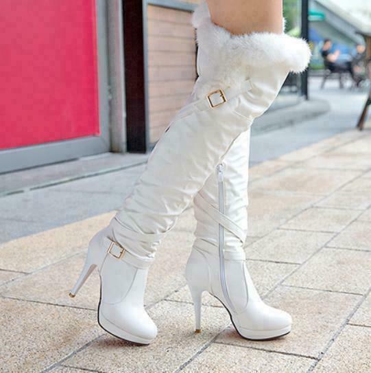 Women Fur Trim Knee Thigh Boots Stiletto Heel Zip Up High Heel Shoes