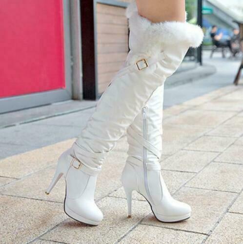 Women Fur Trim Knee Thigh Boots Stiletto Heel Zip Up High Heel Shoes