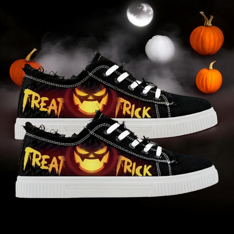 Women Halloween Canvas Shoes "Trick Or Treat" -Womens -Blk/Orange Low Top- New