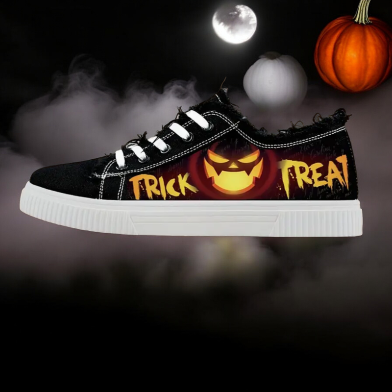 Women Halloween Canvas Shoes "Trick or Treat" -Womens -Blk/Orange Low Top- New