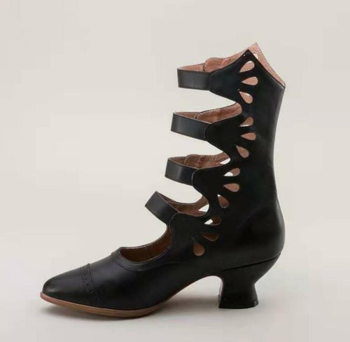 Women Kitten Heels Pointed Toe Boots Hollow Out Button Strappy Heel Shoes Summer
