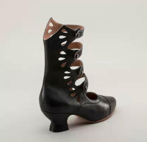 Women Kitten Heels Pointed Toe Boots Hollow Out Button Strappy Heel Shoes Summer