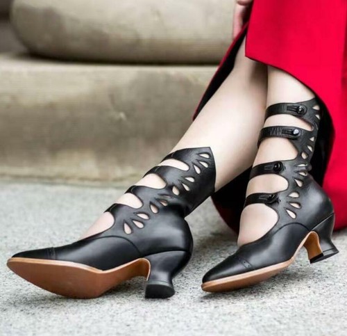 Women Kitten Heels Pointed Toe Boots Hollow Out Button Strappy Heel Shoes Summer