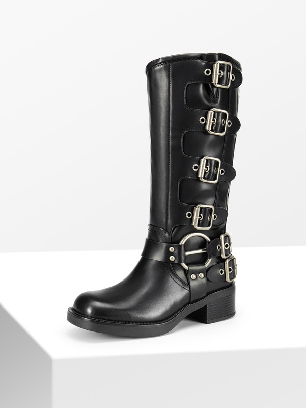 Women Knee High Riding Boots Slip On Motorcycle Boots Square Toe Biker Boots
