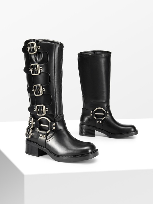 Women Knee High Riding Boots Slip On Motorcycle Boots Square Toe Biker Boots