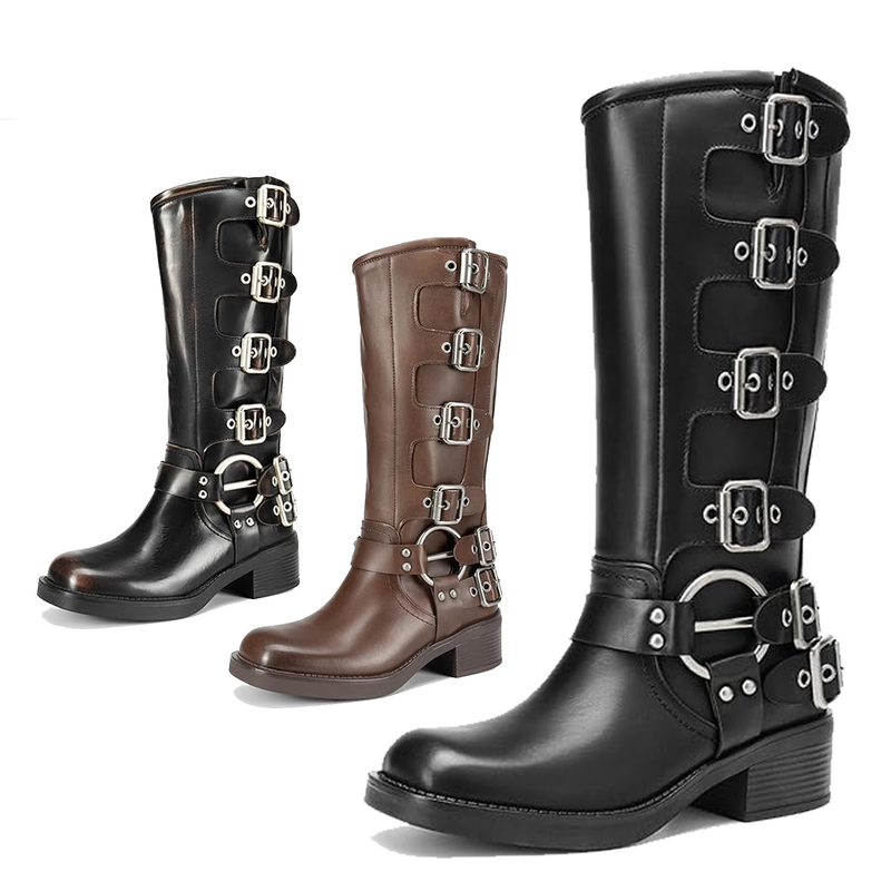 Women Knee High Riding Boots Slip On Motorcycle Boots Square Toe Biker Boots