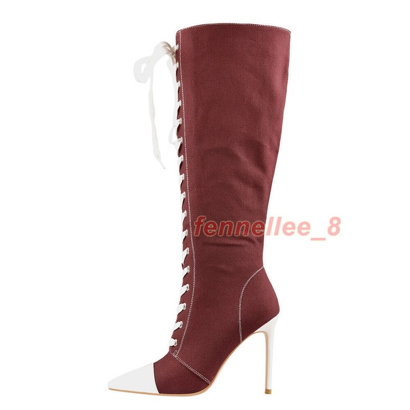 Women Lace Up Canva Sneaker Knee High Boots Pointy Toe Stiletto High Heel Shoes
