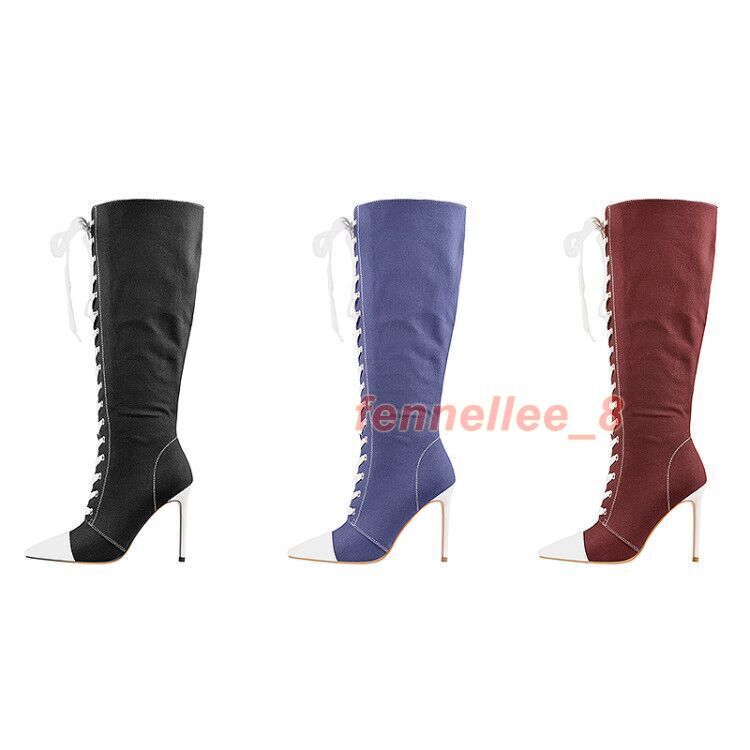 Women Lace Up Canva Sneaker Knee High Boots Pointy Toe Stiletto High Heel Shoes