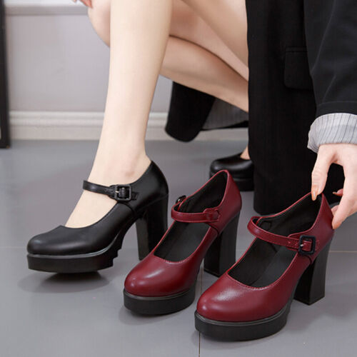 Women Mary Jane Ankle Strap Pumps Womens Chunky Platform Dressy Non-slip Buckle