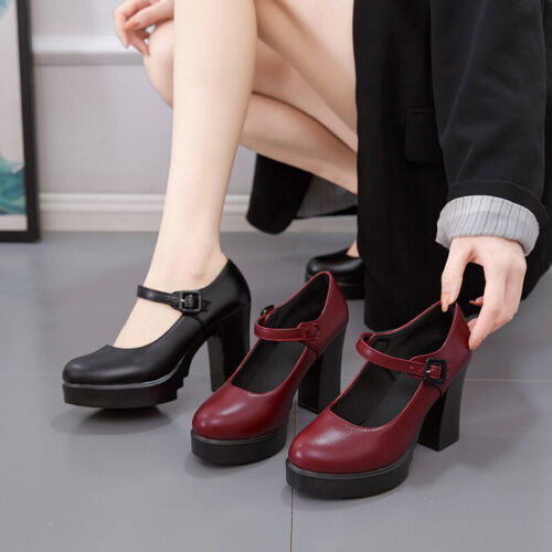Women Mary Jane Ankle Strap Pumps Womens Chunky Platform Dressy Non-slip Buckle