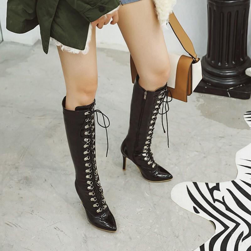 Women Patent Leather Knee High Riding Boots Slim Heels Lace Up Zipper Shoes 4-13