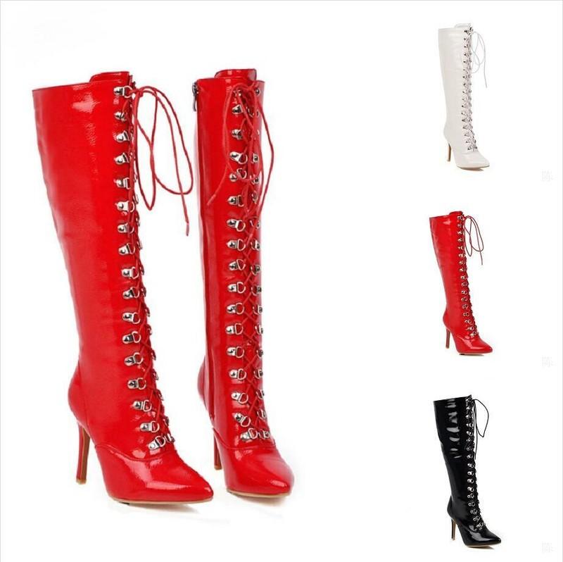 Women Patent Leather Knee High Riding Boots Slim Heels Lace up Zipper Shoes 4-13