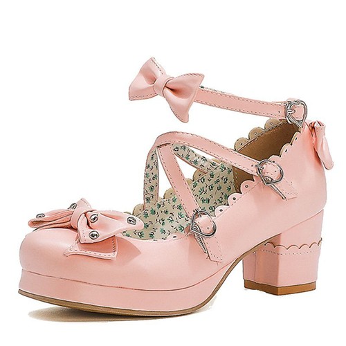 Women Pumps Cute Bowtie Princess Square Heel High Heels Cosplay New Party Shoes