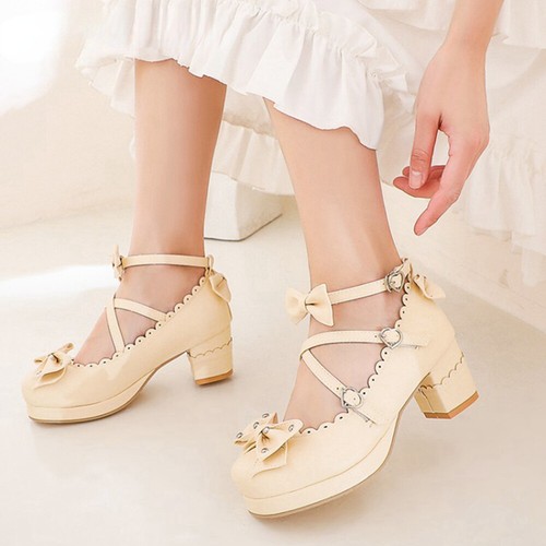 Women Pumps Cute Bowtie Princess Square Heel High Heels Cosplay New Party Shoes