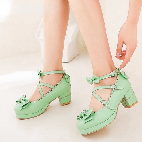 Women Pumps Cute Bowtie Princess Square Heel High Heels Cosplay New Party Shoes