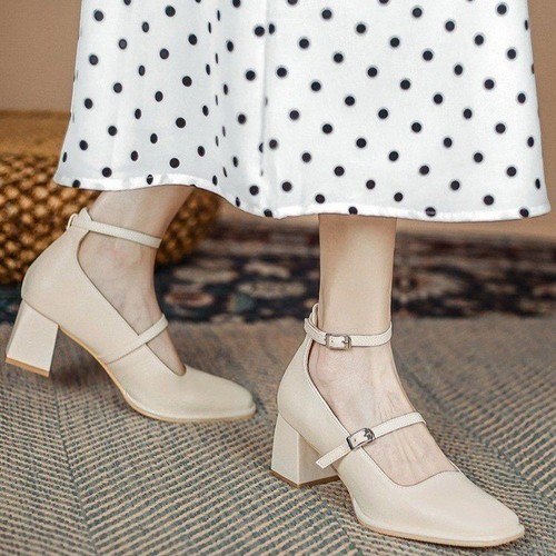 Women Retro Block Heel Patent Leather High Heels Buckle Mary Janes Pump Shoes