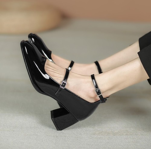 Women Retro Block Heel Patent Leather High Heels Buckle Mary Janes Pump Shoes
