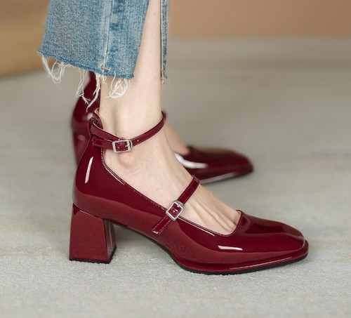 Women Retro Block Heel Patent Leather High Heels Buckle Mary Janes Pump Shoes