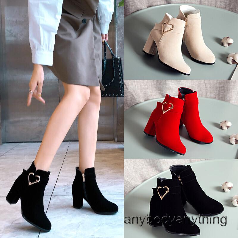 Women's Buckle Round Toe Block Heel Shoes Zip Boooties Ankle Boots Casual Shoes