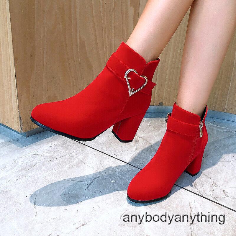 Women's Buckle Round Toe Block Heel Shoes Zip Boooties Ankle Boots Casual Shoes