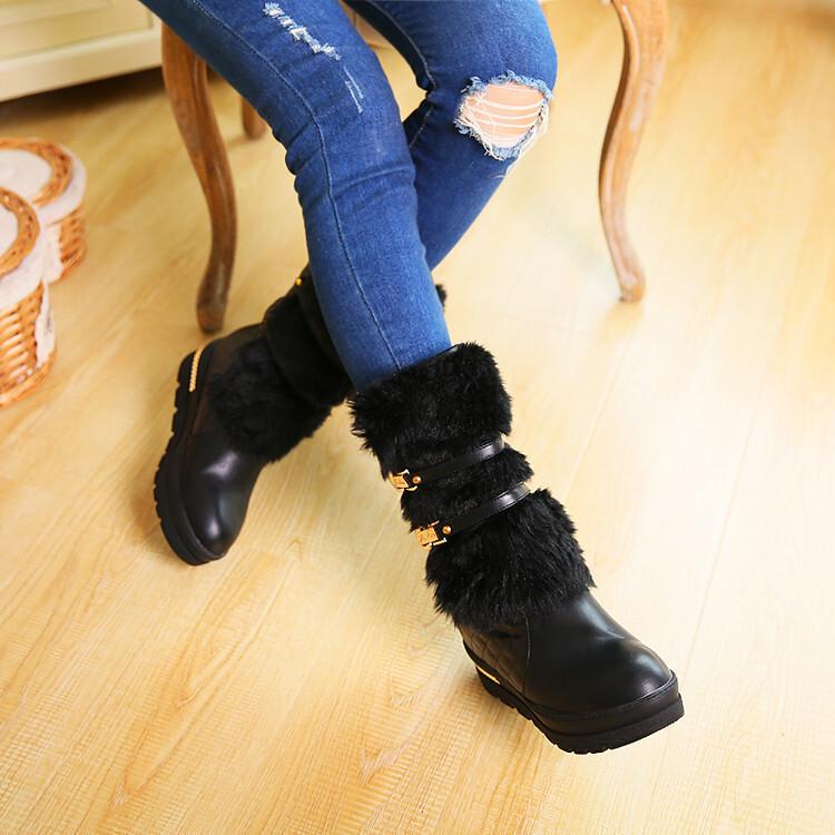 Women's Casual Buckle Fur Warm Snow Boots Fur Outdoor Hidden Heel Shoes Winter