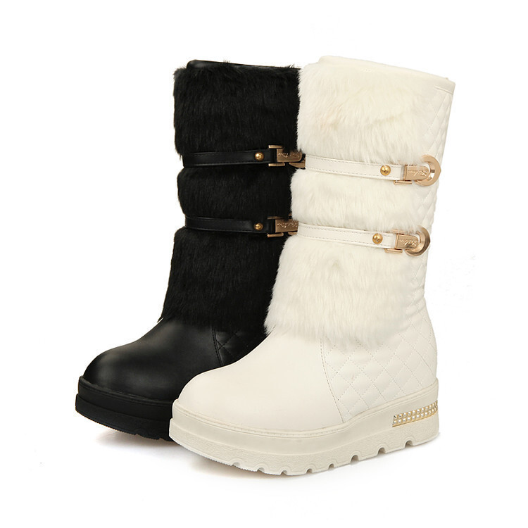 Women's Casual Buckle Fur Warm Snow Boots Fur Outdoor Hidden Heel Shoes Winter