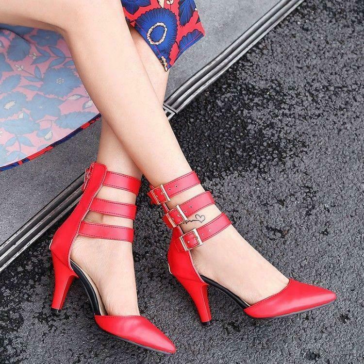 Women's Dress Pumps Shoes Buckle Strap Kitten Heel Pointy Toe Sandals Oversize