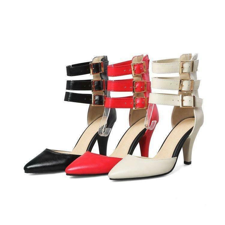 Women's Dress Pumps Shoes Buckle Strap Kitten Heel Pointy Toe Sandals Oversize