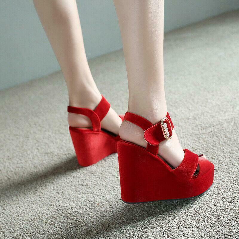 Women's Elegant Fashion Velvet Open Toe High Wedge Heels Platform Shoes Sandals