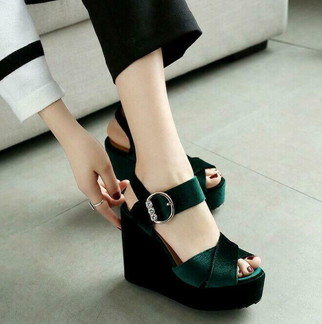 Women's Elegant Fashion Velvet Open Toe High Wedge Heels Platform Shoes Sandals