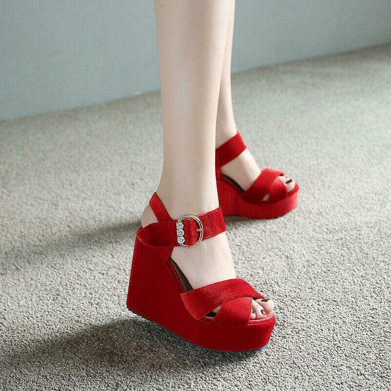 Women's Elegant Fashion Velvet Open Toe High Wedge Heels Platform Shoes Sandals