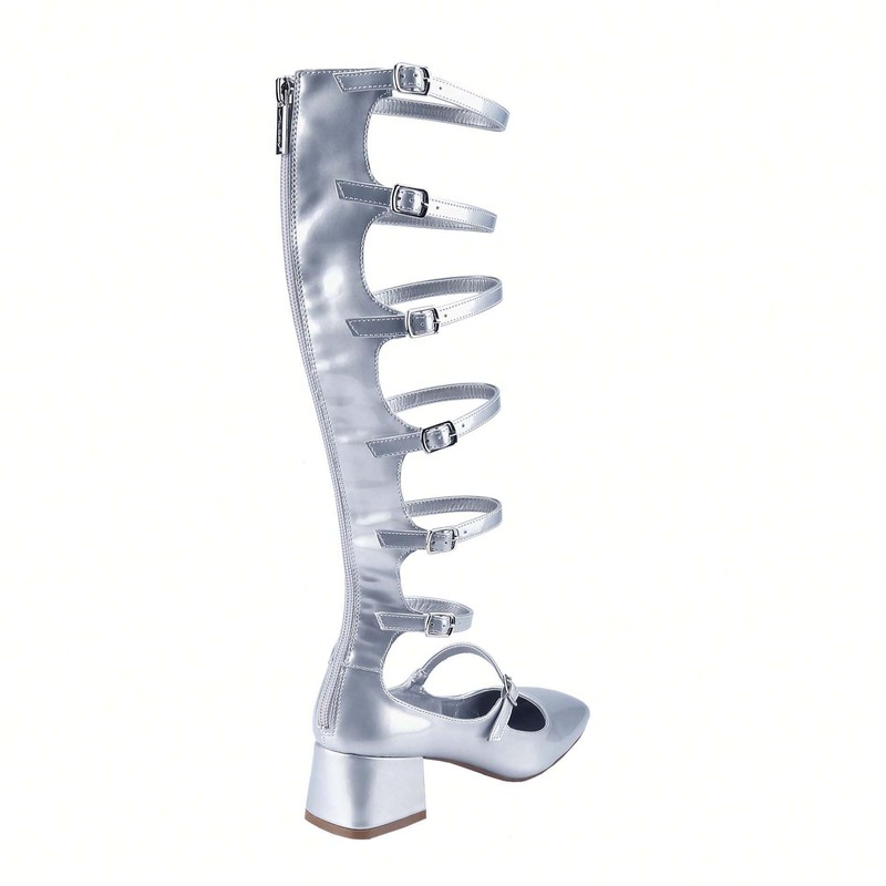 Women's Fashion Mary Janes Closed Square Toe Mid-Calf Strappy Gladiator Low Bl