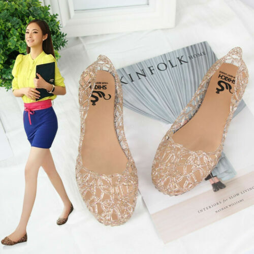 Women's Jelly Casual Shoes Hollow Out Flat Sandals Glitter Soft Comfy Loafers