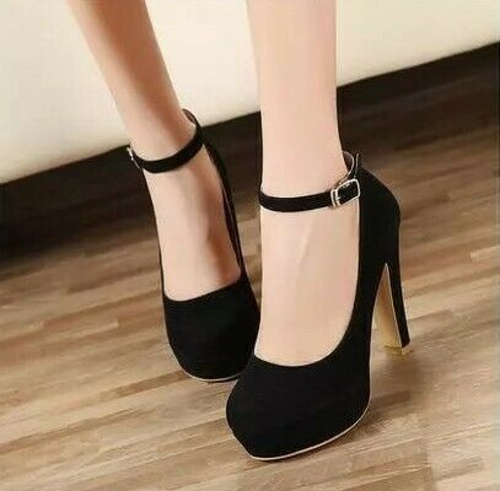 Women's Ladies Round Toe High Heels Platform Ankle Strap Buckle Pumps Shoes
