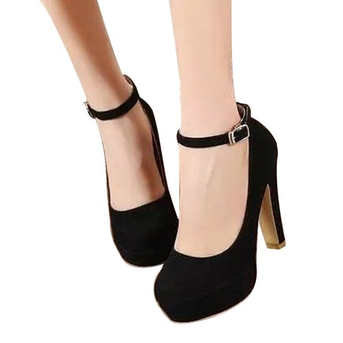 Women's Ladies Round Toe High Heels Platform Ankle Strap Buckle Pumps Shoes