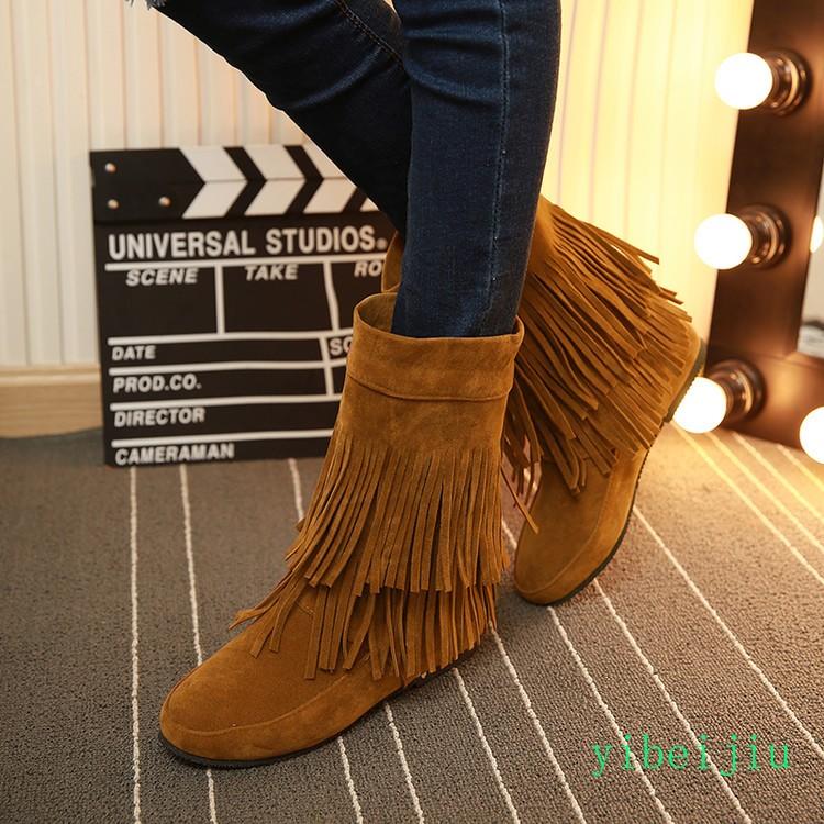 Women's Mid Calf Tassel Fringe Boots Bohemia Hidden Wedge Heel Winter Fall Shoes