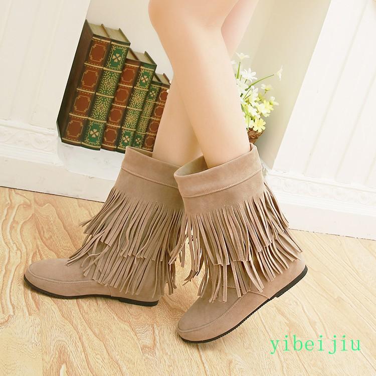 Women's Mid Calf Tassel Fringe Boots Bohemia Hidden Wedge Heel Winter Fall Shoes